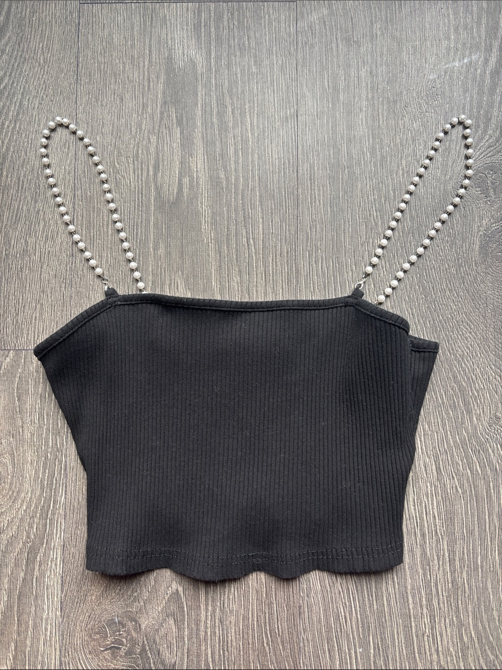 Women’s SHEIN Pearl-Strap Black Ribbed Crop Top